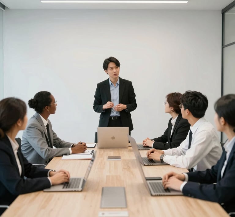 A sleek, modern corporate office environment with people collaborating over documents and laptops, emphasizing global teamwork.