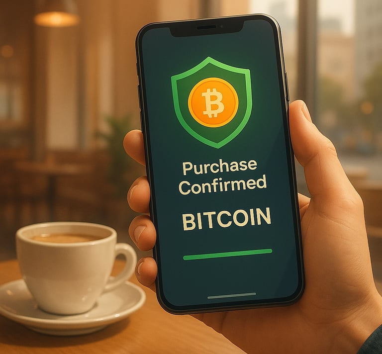 coffee, phone, purchase confirmation, bitcoin