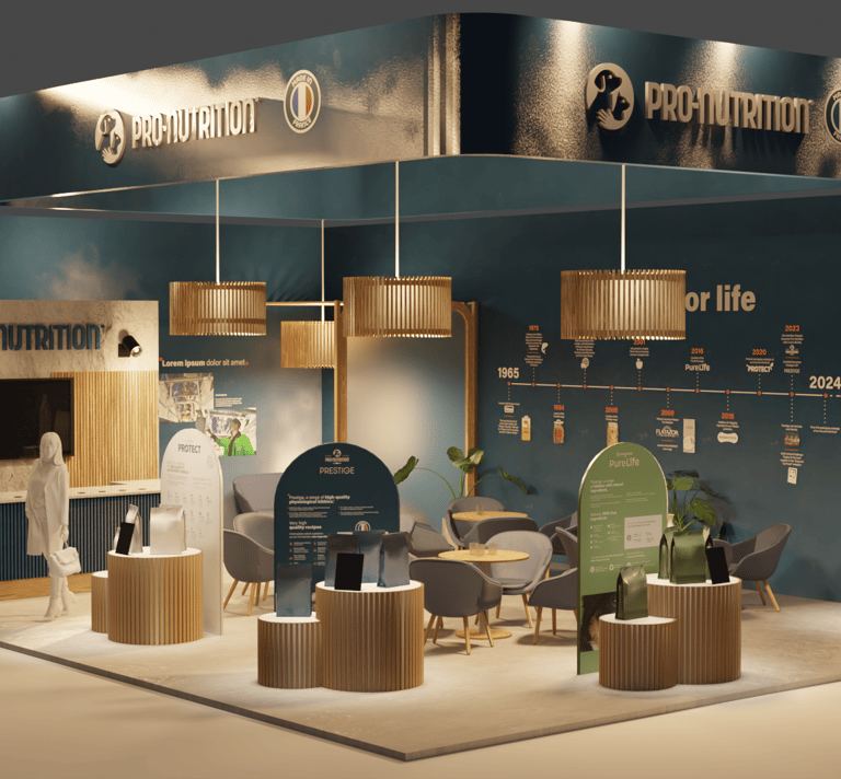 Création et modélisation 3D du stand Interzoo de la marque Sopral, spécialisé en nourriture pour animaux par Tuuk studio