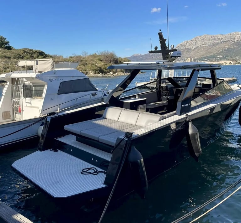 Colnago 35 luxury motor yacht docked in the harbor of Split ready for private Adriatic boat tours