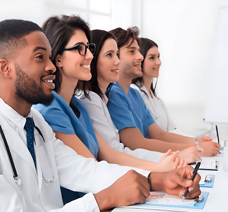 Diverse group of medical professionals in scrubs and lab coats sitting at a table for a seminar.