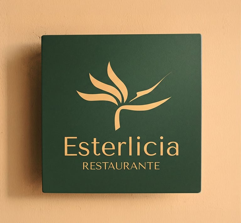 Cartel cuadrado de madera con el logo de restaurante en la fachada