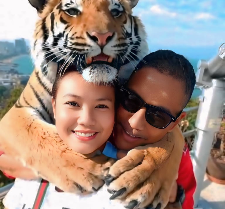 Mark Adam Cottonham and his wife hugging a tiger in Thailand