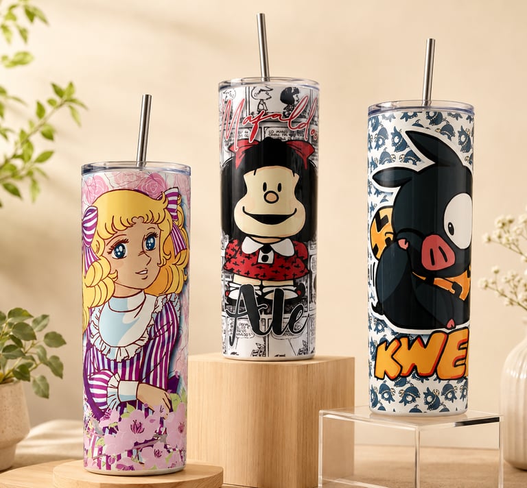  Tres tumblers o termos personalizados con diseños de los personajes de anime 