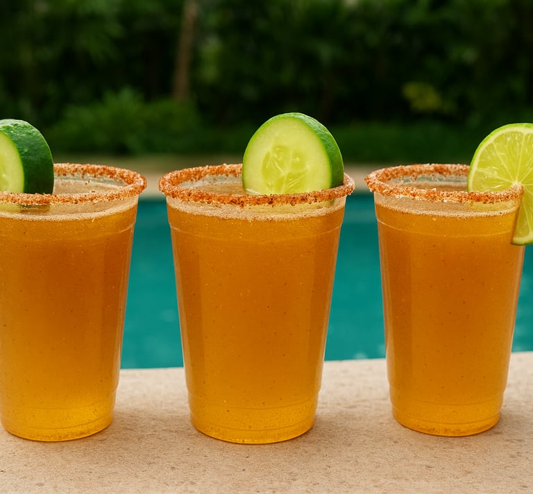 Micheladas con cerveza, limón, sal y tajín, decoradas con rodajas de pepino en una de alberca.