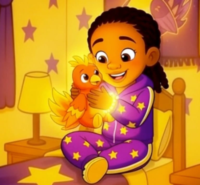a young girl sitting on a bed holding her plushie phoenix