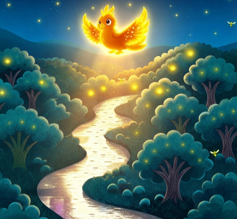 The glowing magical phoenix, Xenaya flying over the Norriewood landsacpe