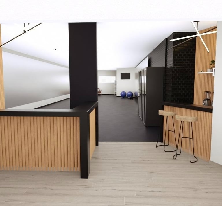 commercial gym interior with wood slat walls, a reception counter, juice bar, and workout equipment.