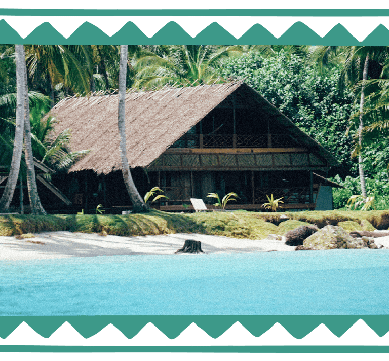 Toska Mentawai Surf House beachfront cabin with palm trees and turquoise ocean