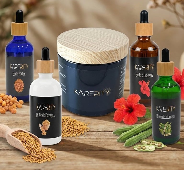 Karerity hair care collection featuring natural oils like Fenugrec, Moringa, and Hibiscus in dropper bottles.