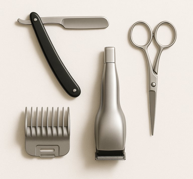 Barber and salon tools including clippers, razors and scissors for professional hair cutting, export