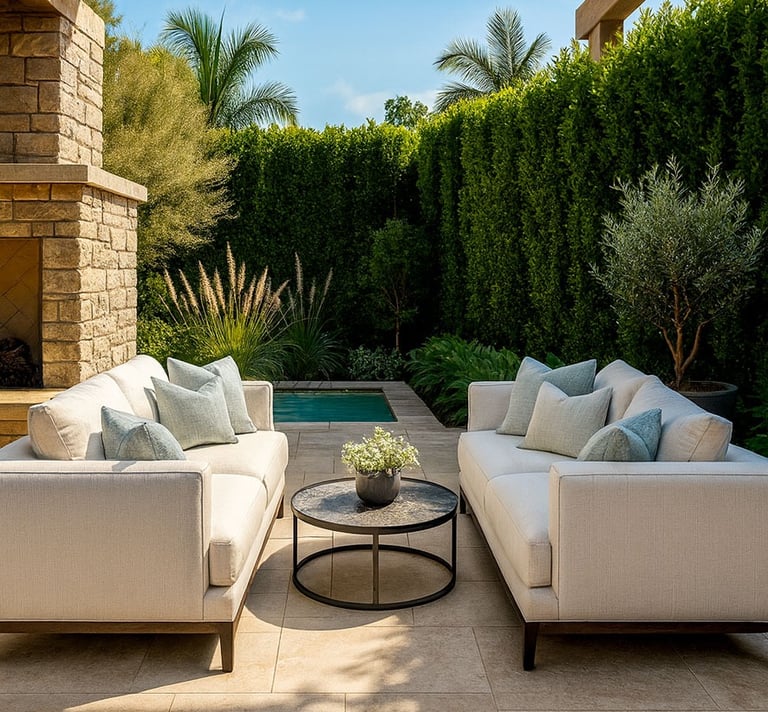 Custom outdoor sofas with pillows and patio seating by Solo Home Decor