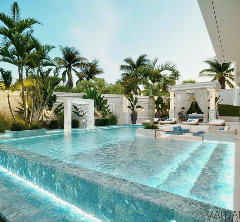 Luxury modern swimming pool with a waterfall feature, palm trees, and poolside lounge area.