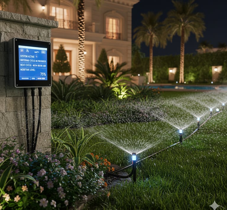 Smart irrigation system with a digital control panel watering a luxury villa garden at night.