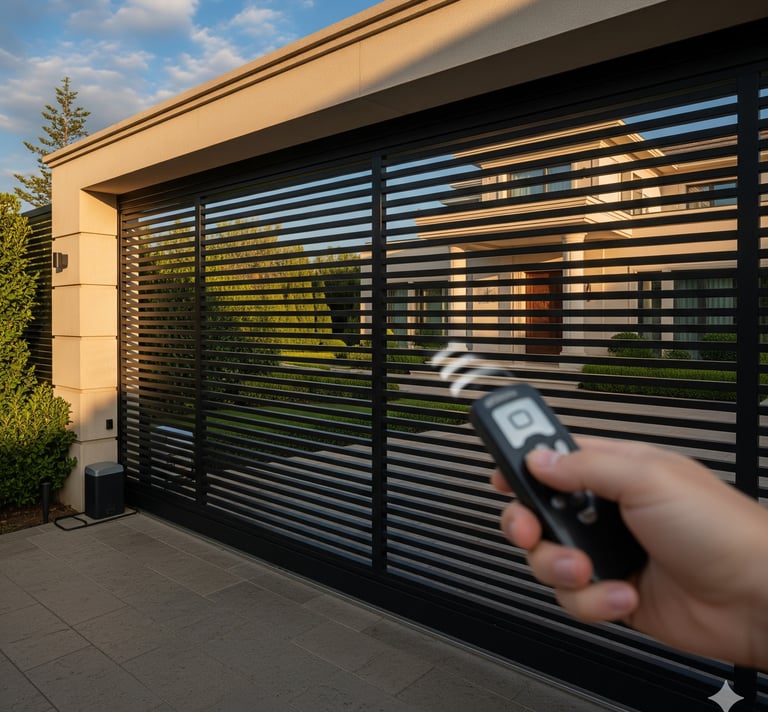 Hand using a remote control to open a modern black horizontal slat automatic sliding driveway gate.