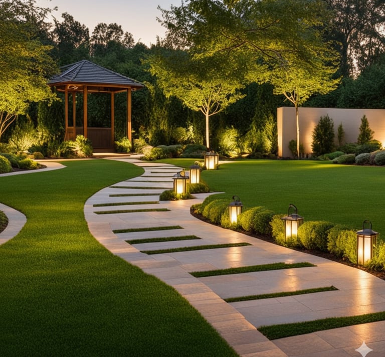 Illuminated garden pathway with modern landscape lighting and a wooden gazebo at twilight.