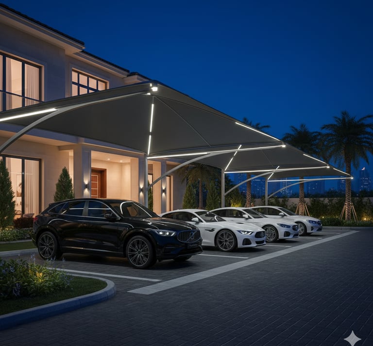 Modern  luxury carport with LED lighting protecting cars parked at a residential villa. park shade