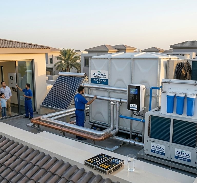 Technicians install an Almaa smart water storage tank and solar heating system on a residential rooftop.