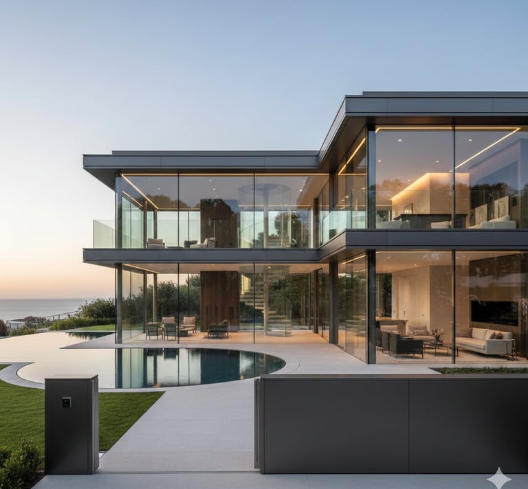 Luxury modern glass villa with an infinity pool and ocean view at sunset, featuring minimalist contemporary architecture.