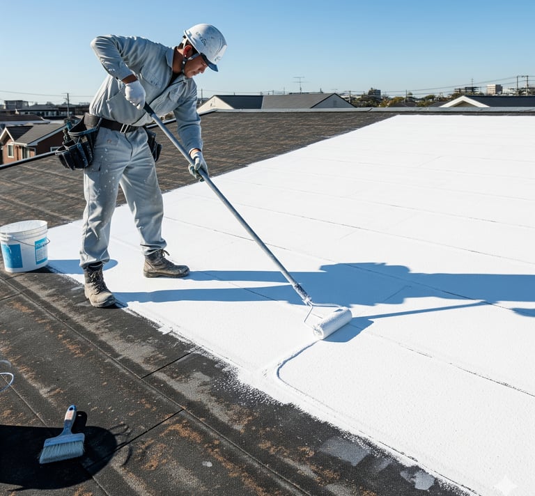 Professional roofer applying waterproof coating with a roller to a flat residential roof.