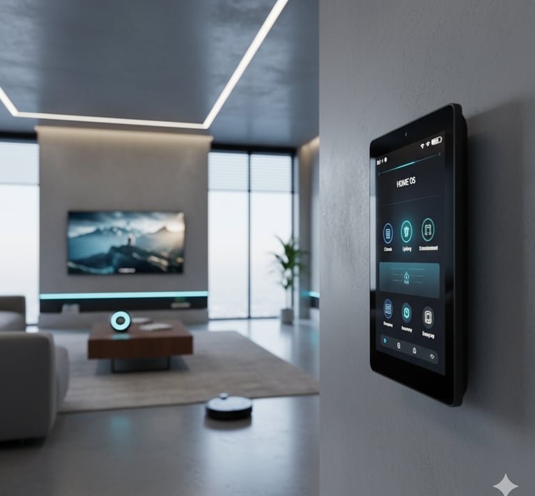 Smart home control panel mounted on a wall in a modern living room with a robot vacuum.