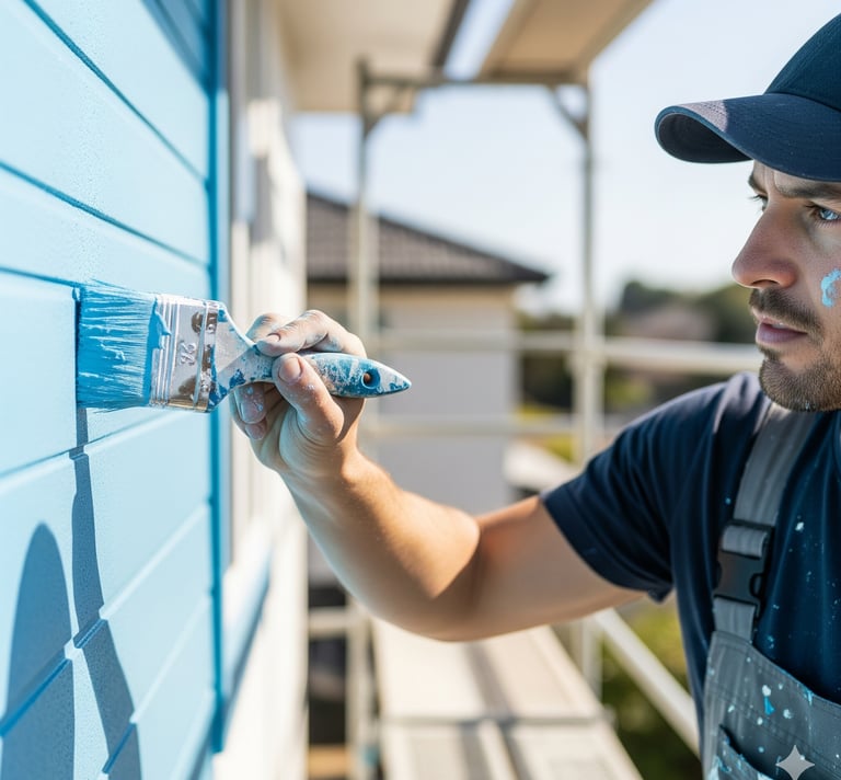 Professional house painter applying bright blue paint to exterior siding using a paintbrush.