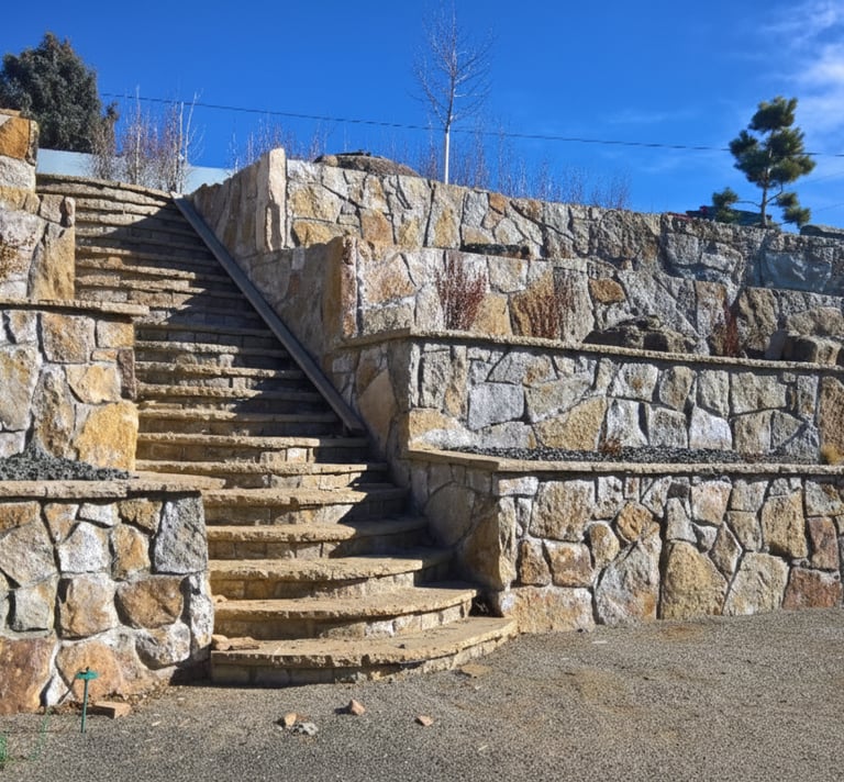 Multi-level natural stone retaining walls and matching stone stairs in a terraced backyard landscape.