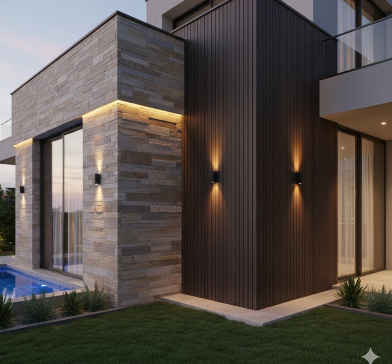 Modern luxury home exterior featuring stone cladding, wood siding, and warm LED lighting by a pool.