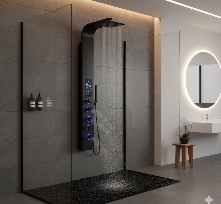 Modern matte black shower panel system with rainfall head and massage jets in a luxury bathroom.