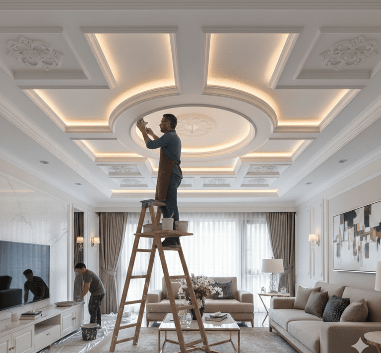 Professional installer finishing a luxury coffered ceiling with integrated LED cove lighting in a modern living room.