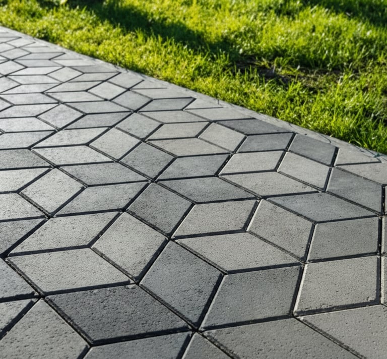 Gray 3D geometric interlocking paving stones installed along a vibrant green grass lawn edge.