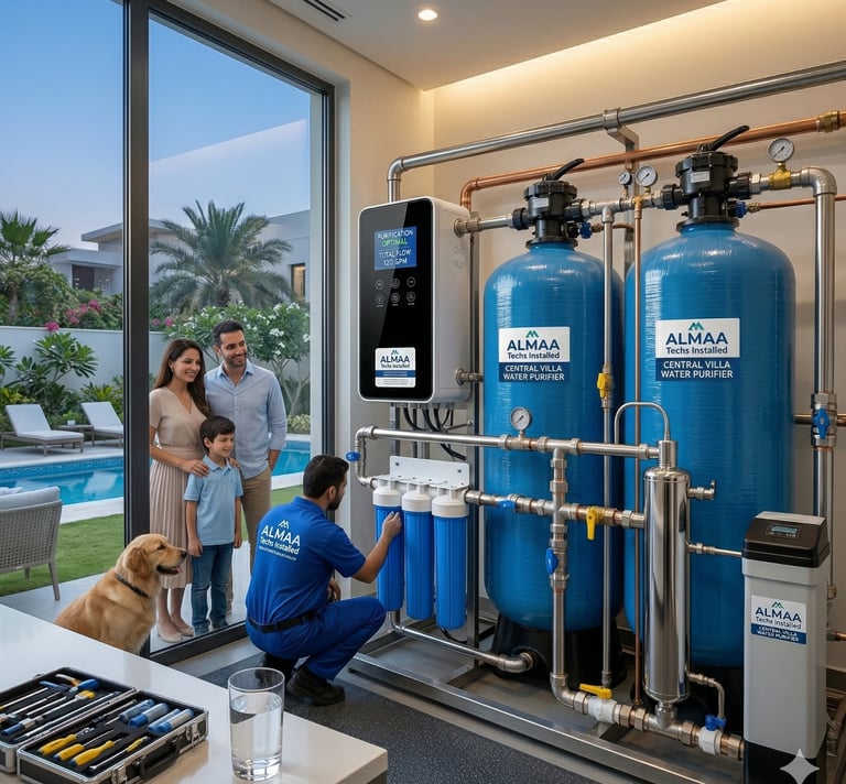 Professional technician installing a central villa water purifier system for a family home.