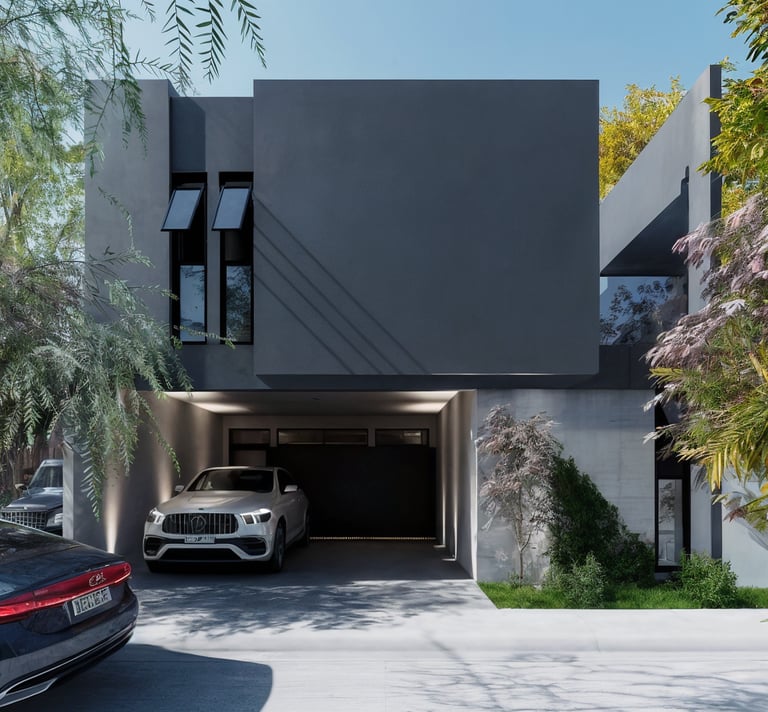 Modern dark grey minimalist house exterior with a white luxury SUV parked in the concrete garage.