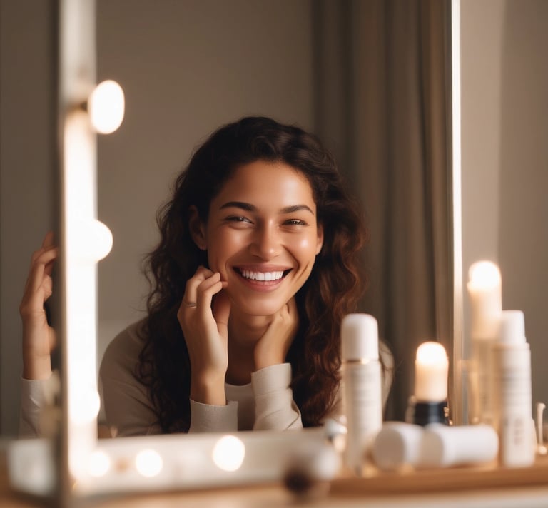 Elegant perfume bottles with pastel pink accents on a clean white background.