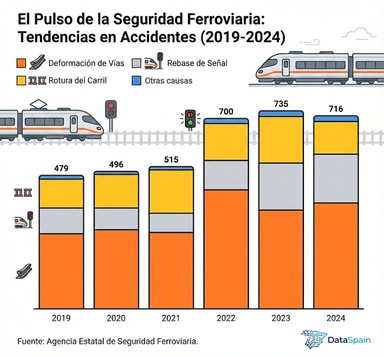 Infografía de la tendencias en accidentes ferroviarios en España