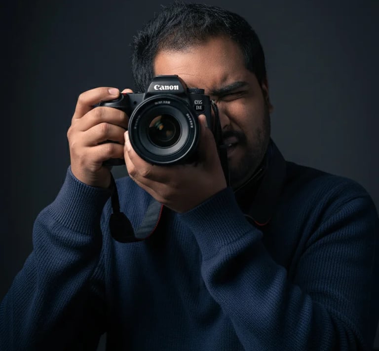 Professional photographer in a navy sweater intently framing a shot with a Canon mirrorless camera.