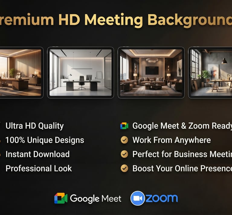 Premium Google Meet and Zoom virtual backgrounds in Ultra HD quality featuring modern offices, luxur