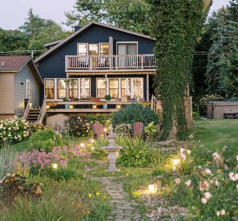 South Cliff Inn's perennial garden, with plenty of seating and lake views