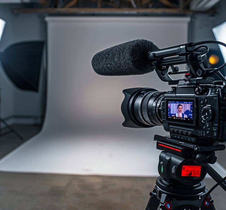 Equipamentos de produção de vídeo com iluminação, áudio e câmera em estúdio profissional