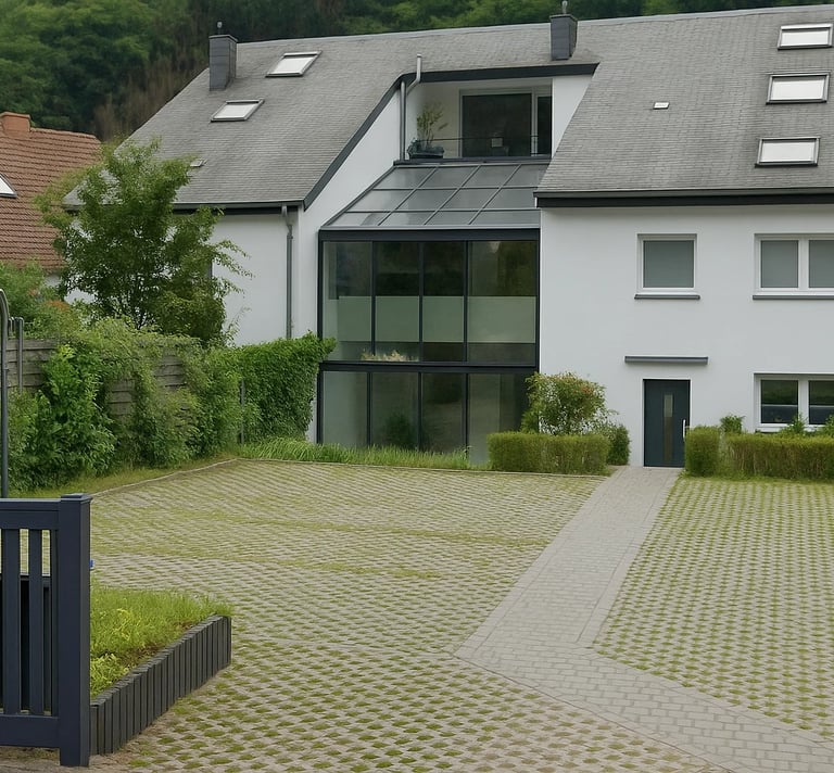 Maison moderne blanche avec grande véranda en verre, toit gris et allée pavée entourée de verdure.