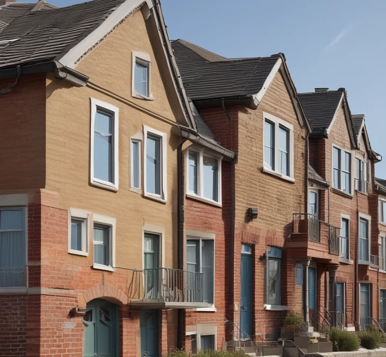 A welcoming row of well-maintained homes with a council worker and landlord shaking hands in front.
