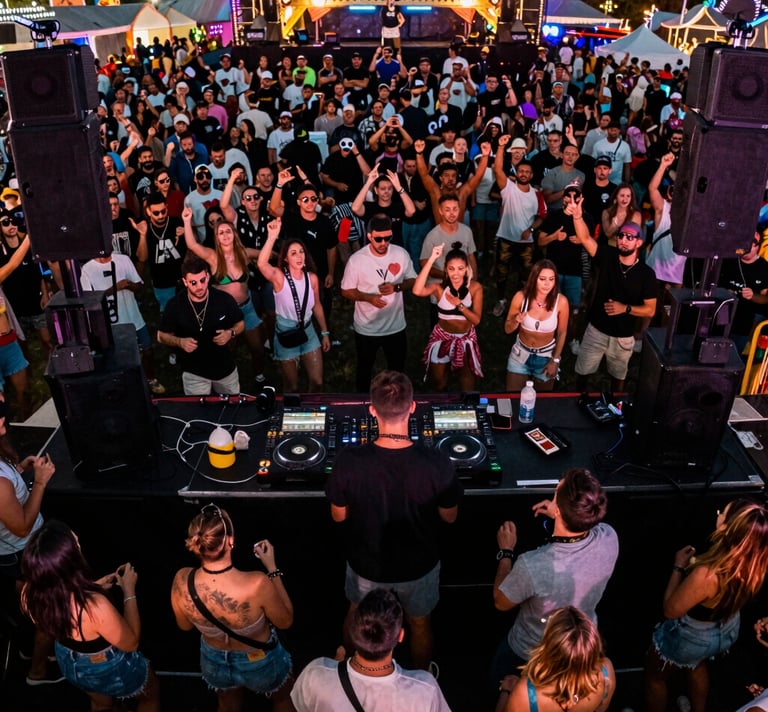 Professional DJ performing at a night music festival with a large crowd and Pioneer mixing equipment.