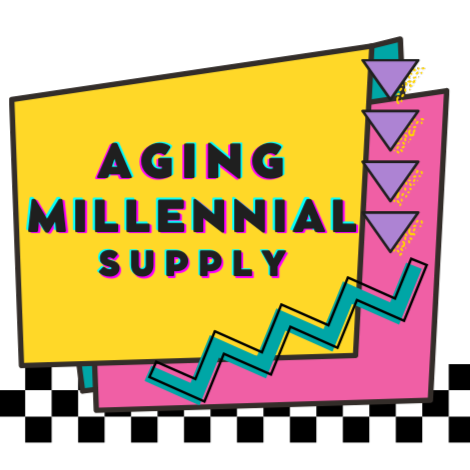 Retro 90s style graphic with geometric shapes and text reading Aging Millennial Supply.