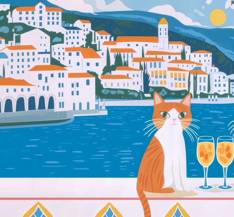 Illustration of two cats with cocktails on a balcony overlooking a Mediterranean coastal village.