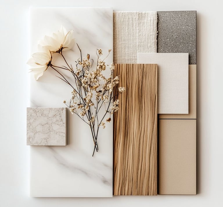 Flat lay interior design mood board with marble tile, wood grain, fabric swatches, and dried flowers.