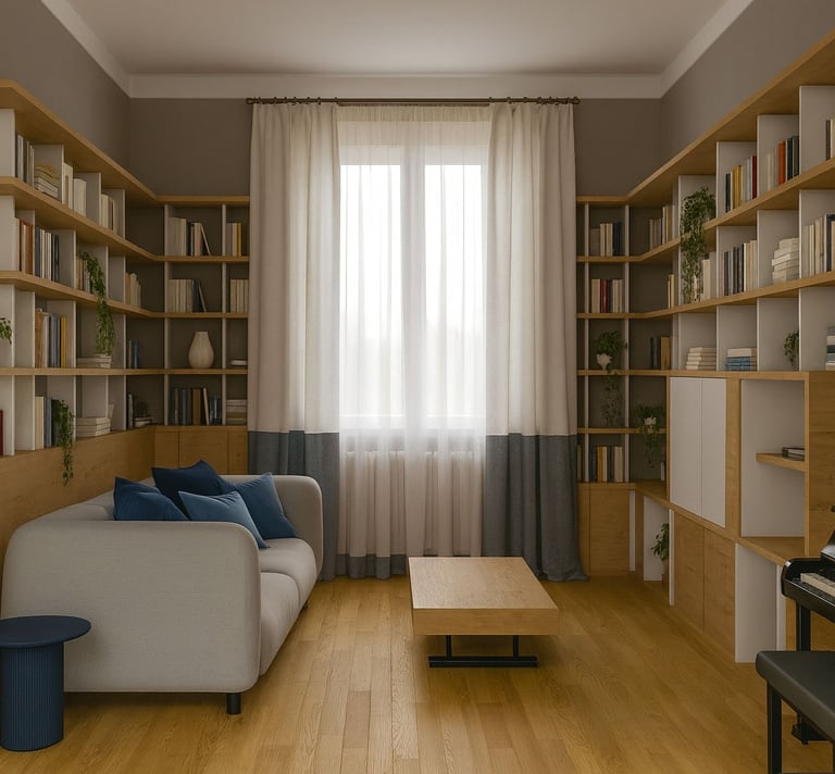 Modern home library and living room featuring a grey sofa, wooden bookshelves, and a piano.