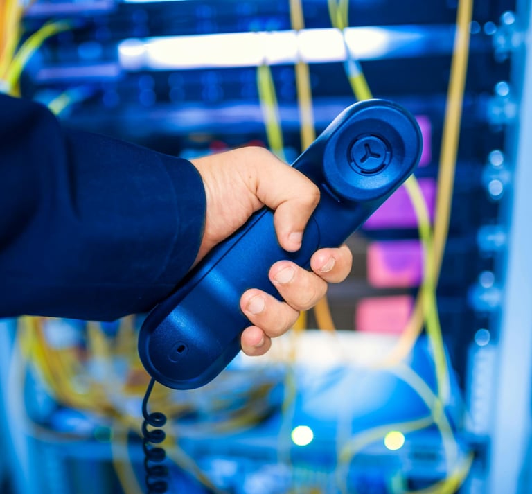 Person holding a phone behind a network rack, representing IT support and remote troubleshooting services