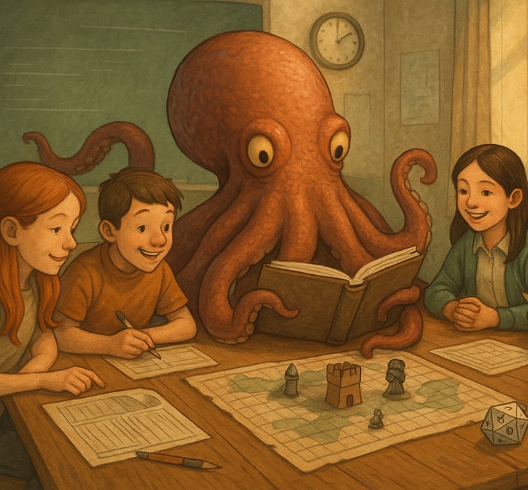 a group of people sitting around a table with a octopus