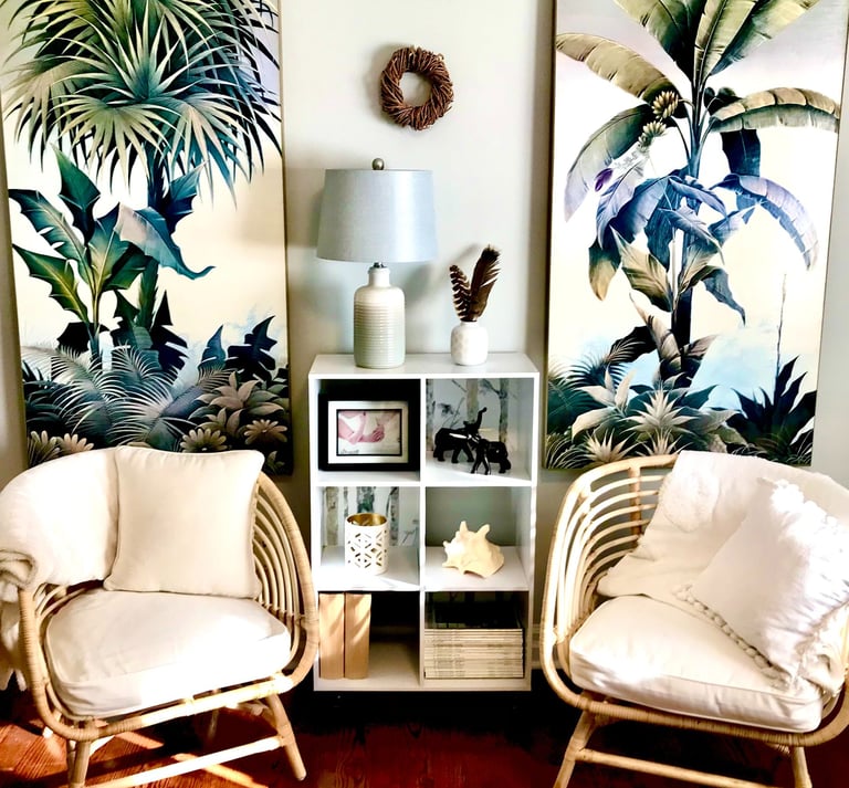 tropical pictures and rattan chairs in an office