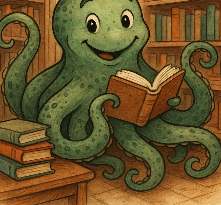 a cartoon octopus with a book in his hands